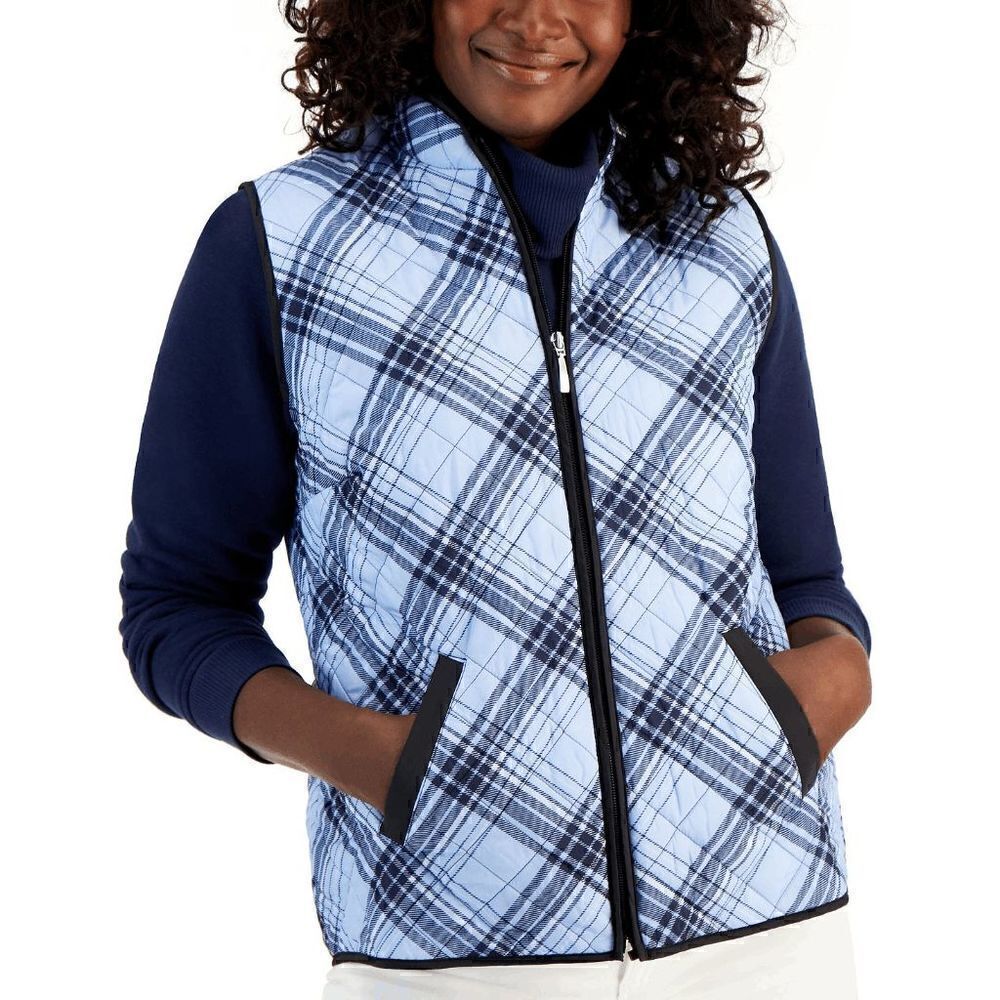 💙 NWT KAREN SCOTT Plaid Puffer Quilted Lightweight Vest SIZE L MSRP $47